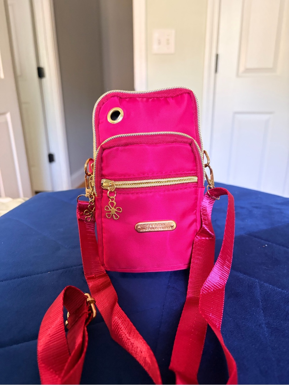 Bright Pink Crossbody Phone Bag with Gold Hardware
